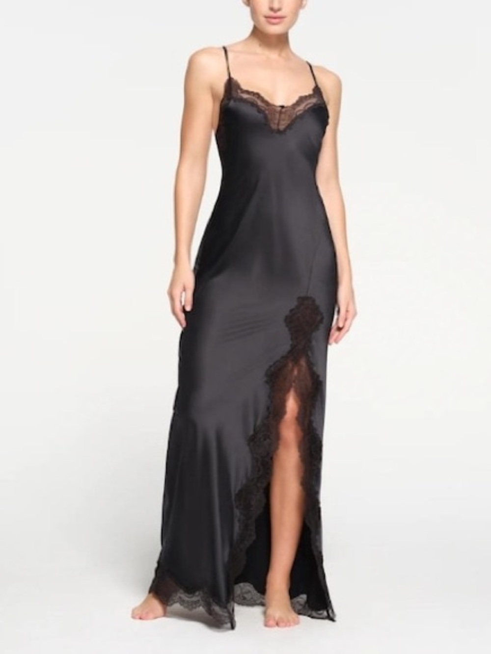 SKIMS WOVEN SHINE LACEY LONG DRESS (ONYX)